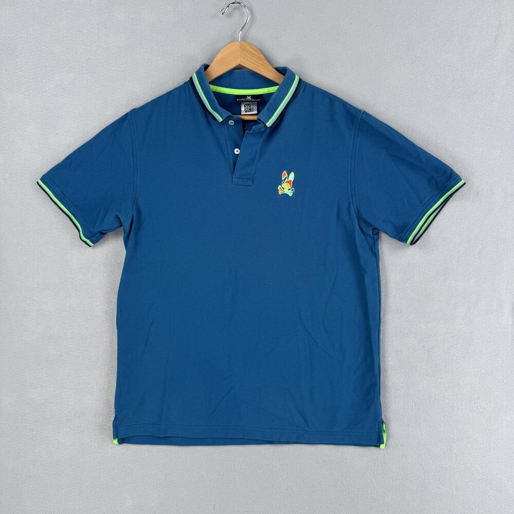 Psycho Bunny Polo Shirt Mens 7 XL Blue Pima Cotton Embroidered Logo Neon Trim